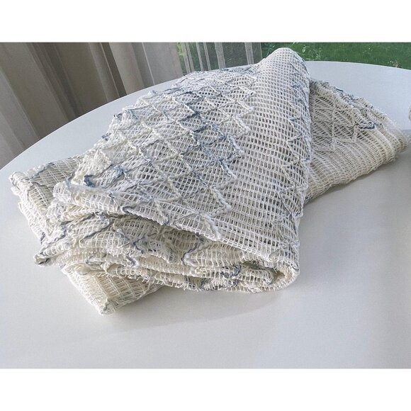 Vintage 70s curtains, white, blue mesh net, geometric pattern, oversized - Picture 8 of 8